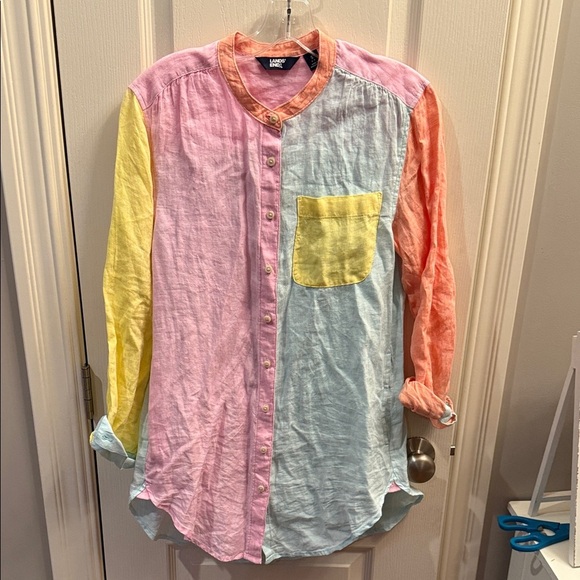 Lands' End womens 100% linen pastel colorblock long sleeve Button-Up Shirt. Sz S - Picture 1 of 4